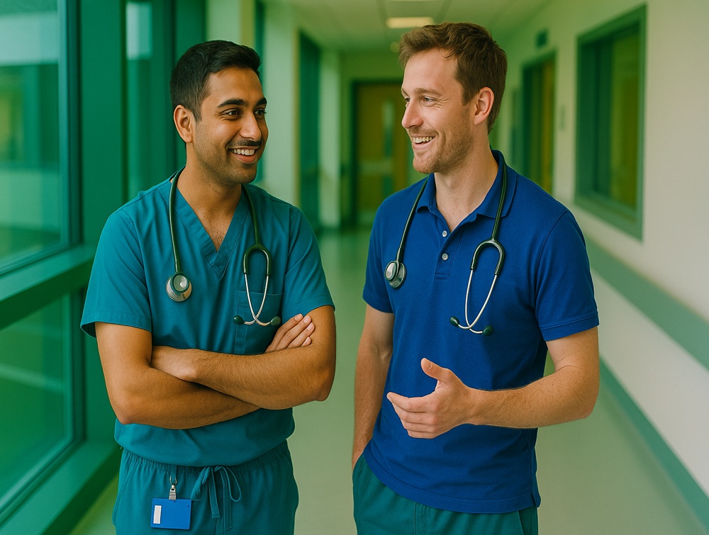 Two doctors discussing their preparation for upcoming consultant interviews