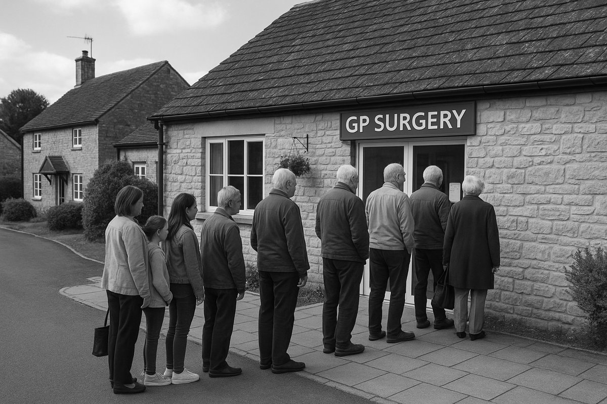 Queue of older patients waiting outside a rural village GP surgery in England, reflecting record demand in general practice.