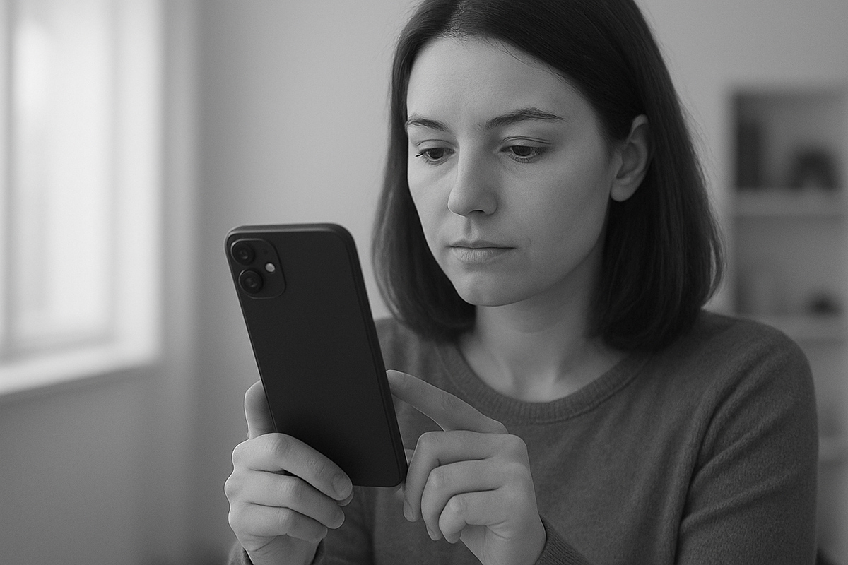 A focused person using their smartphone to check the NHS App prescription tracker, relating to patient experiences or consultant interviews.