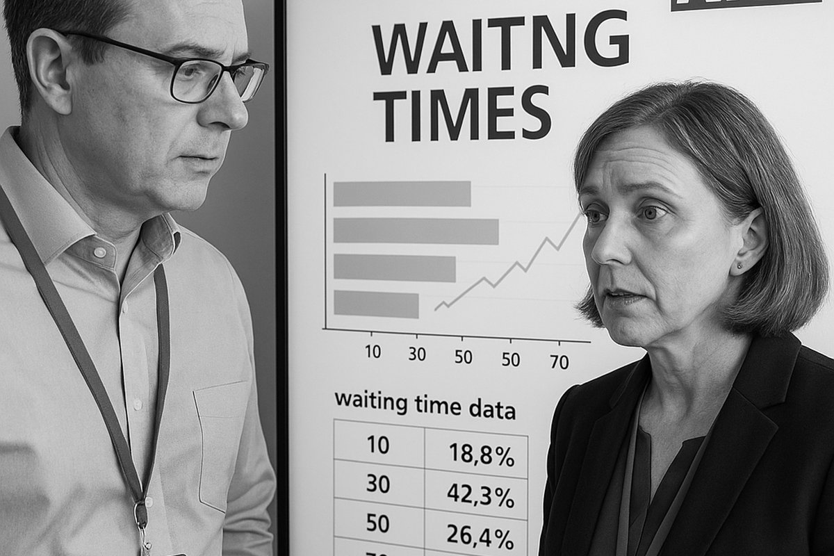 Consultant Interviews NHS Managers Reviewing Waiting Time Data