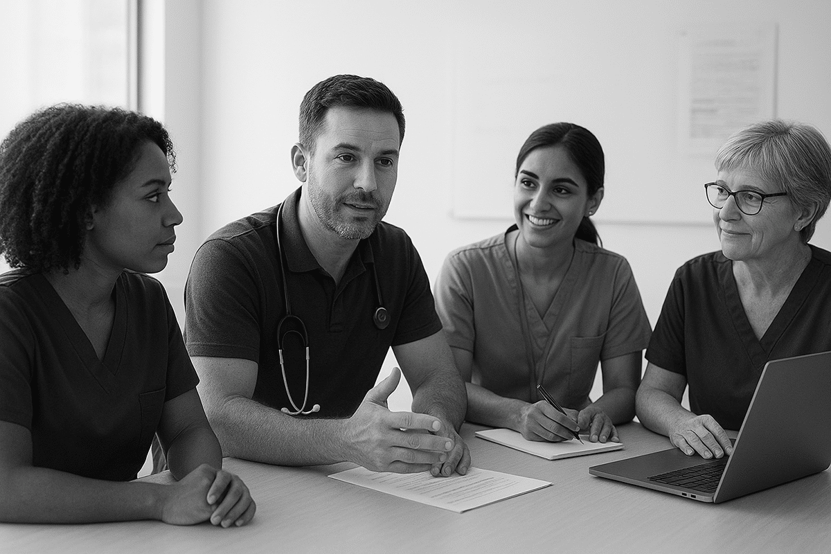A medical consultant leads a team meeting with healthcare colleagues, discussing apprenticeships and training pathways, a topic relevant to consultant interviews.
