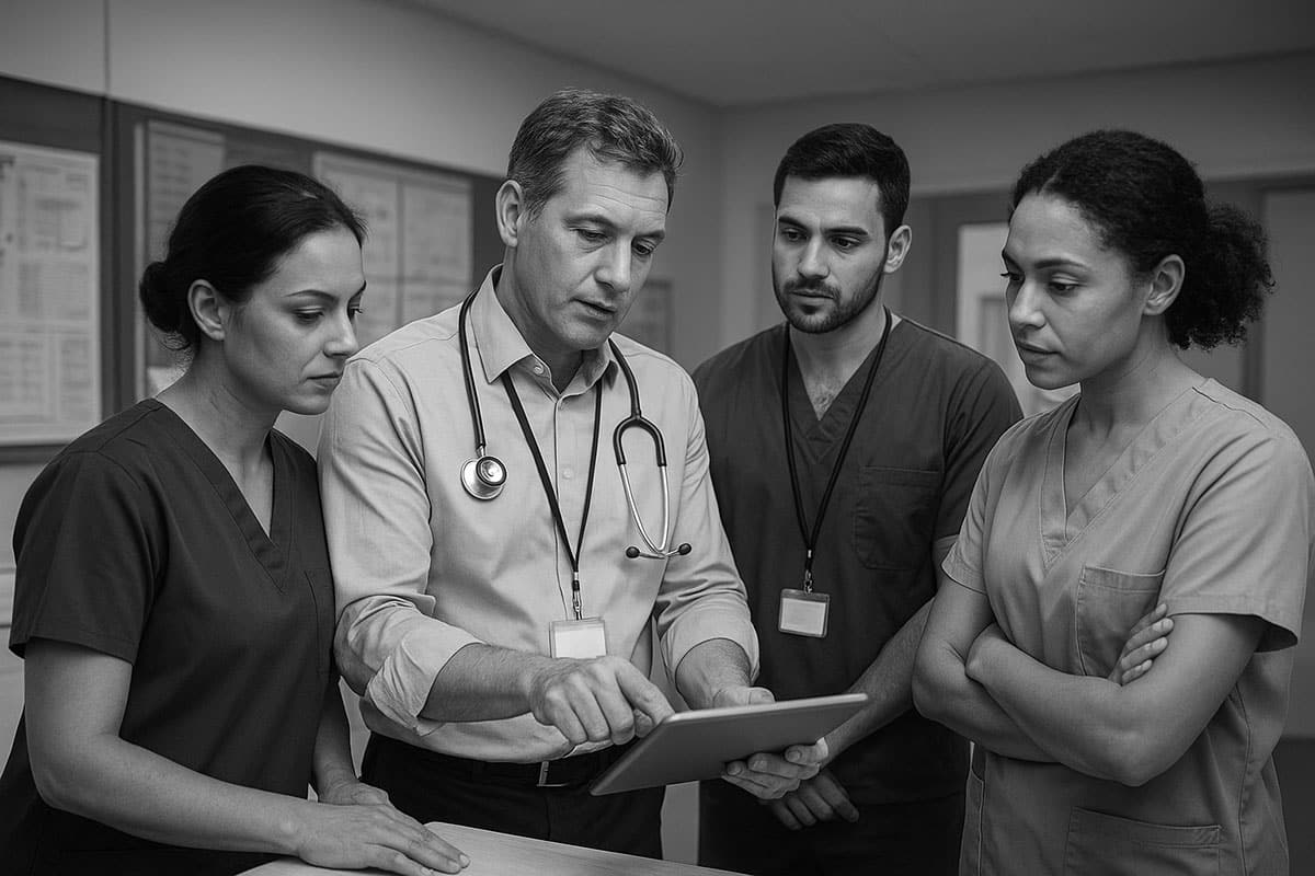 An NHS consultant reviews early strike data and workforce resilience plans on a tablet with his clinical team in a hospital setting.
