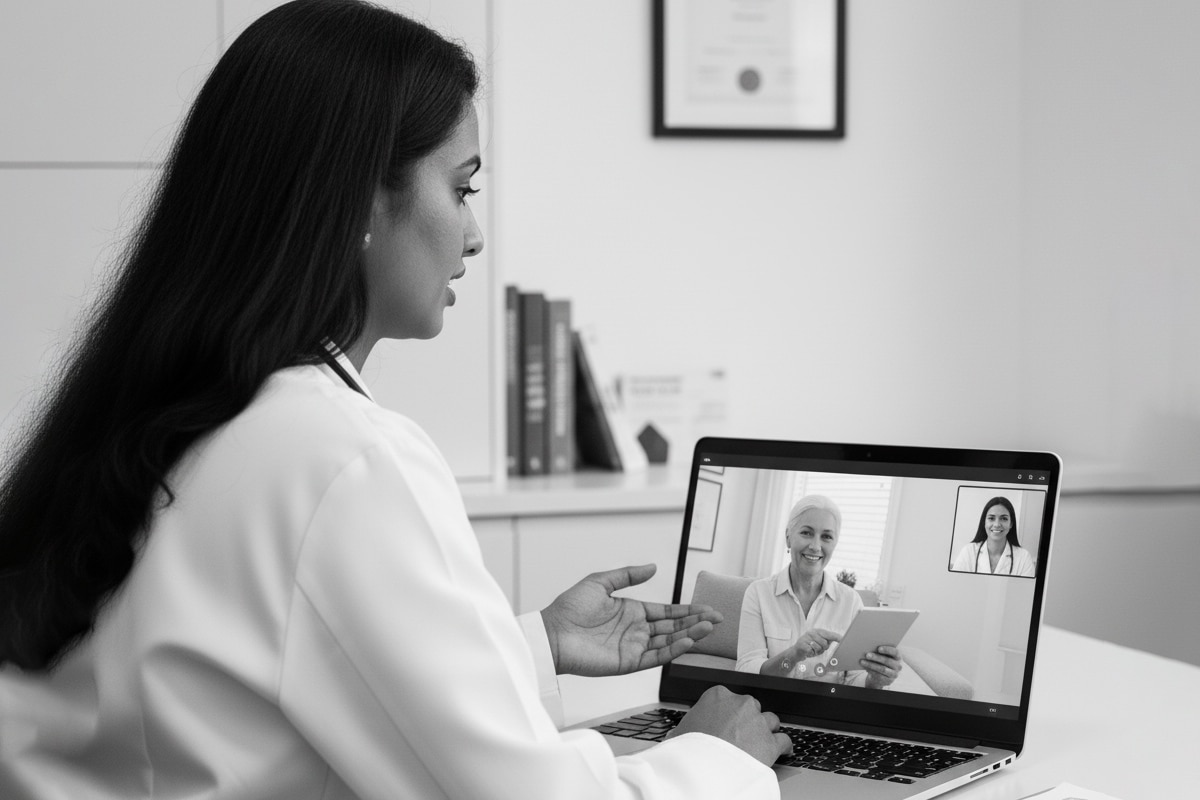 An NHS consultant has a virtual consultation with a patient on her laptop, demonstrating the new NHS Online Hospital model.
