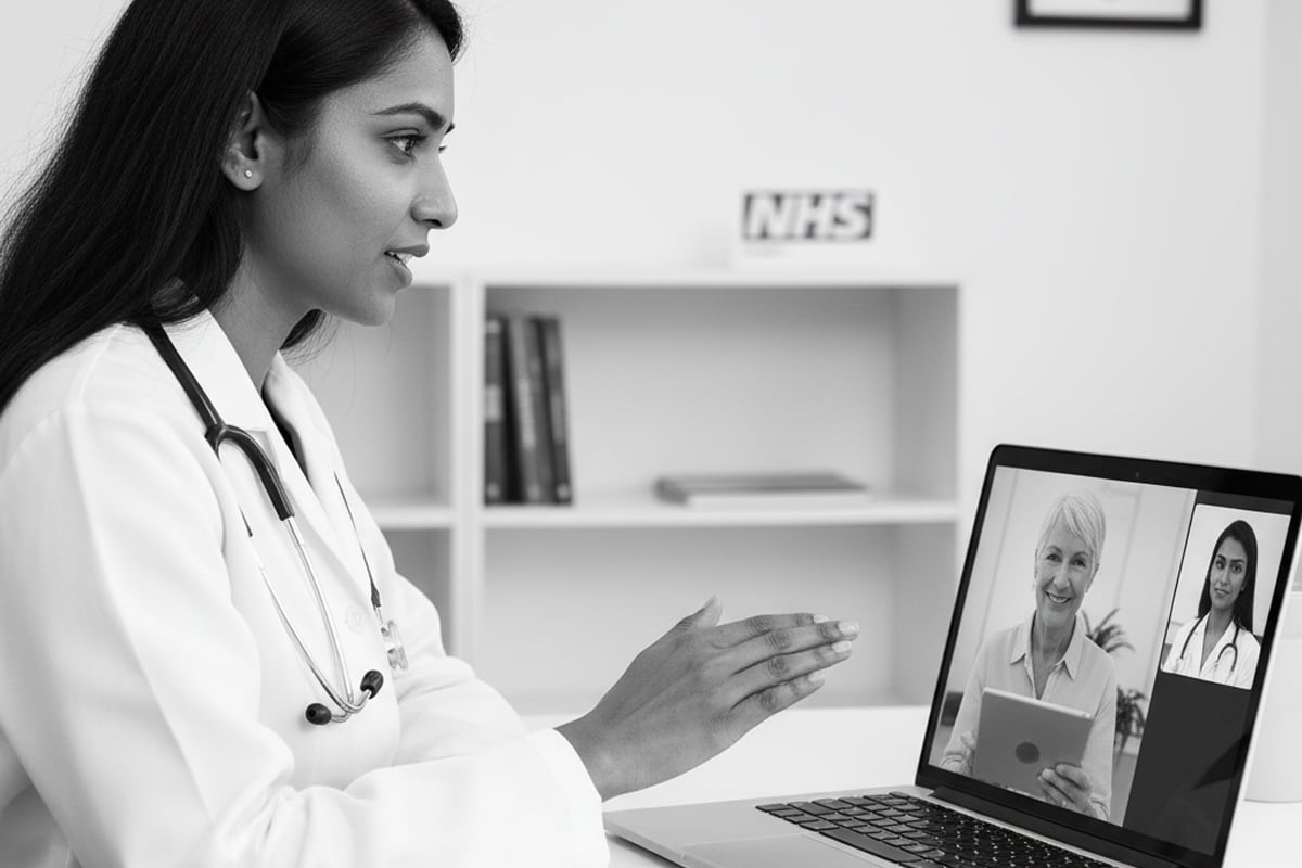 An NHS consultant discusses a patient's care via video call, representing the operational implications of the NHS Online Hospital.