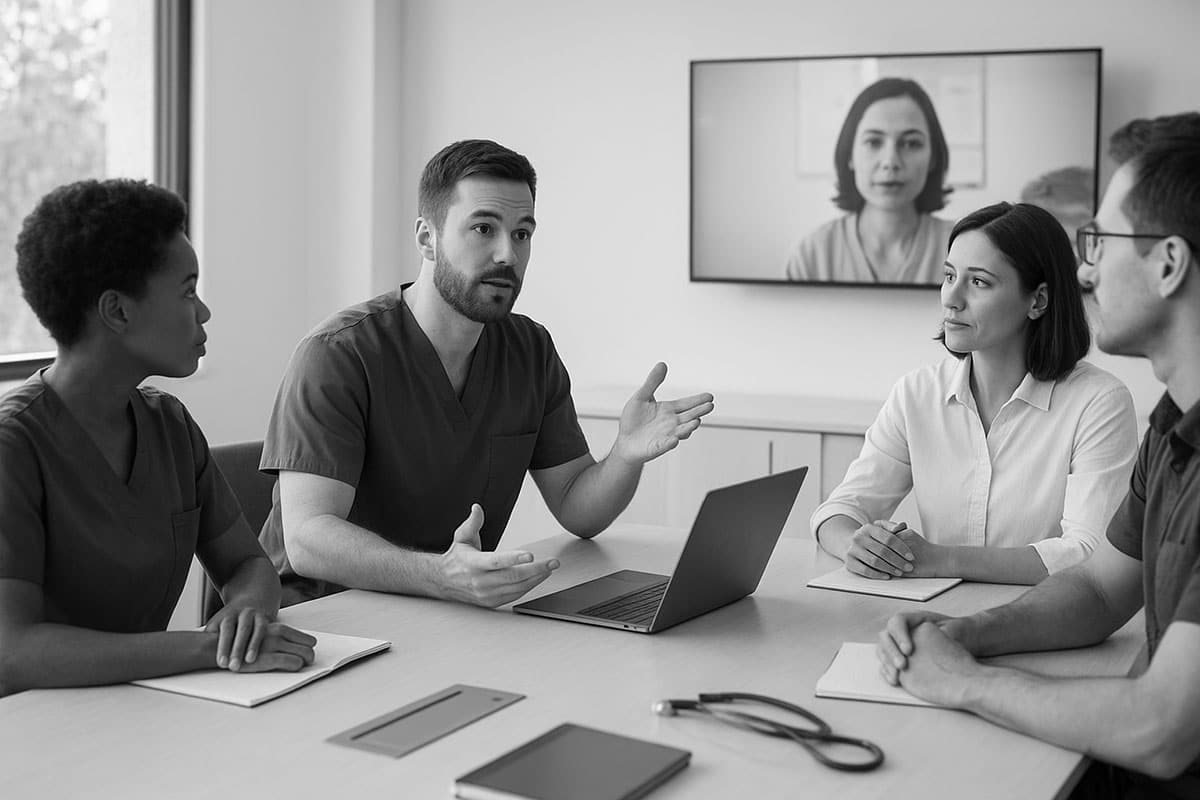 A clinical and management team in a hybrid meeting discusses a new workforce plan, a key strategic topic for NHS consultant interviews.
