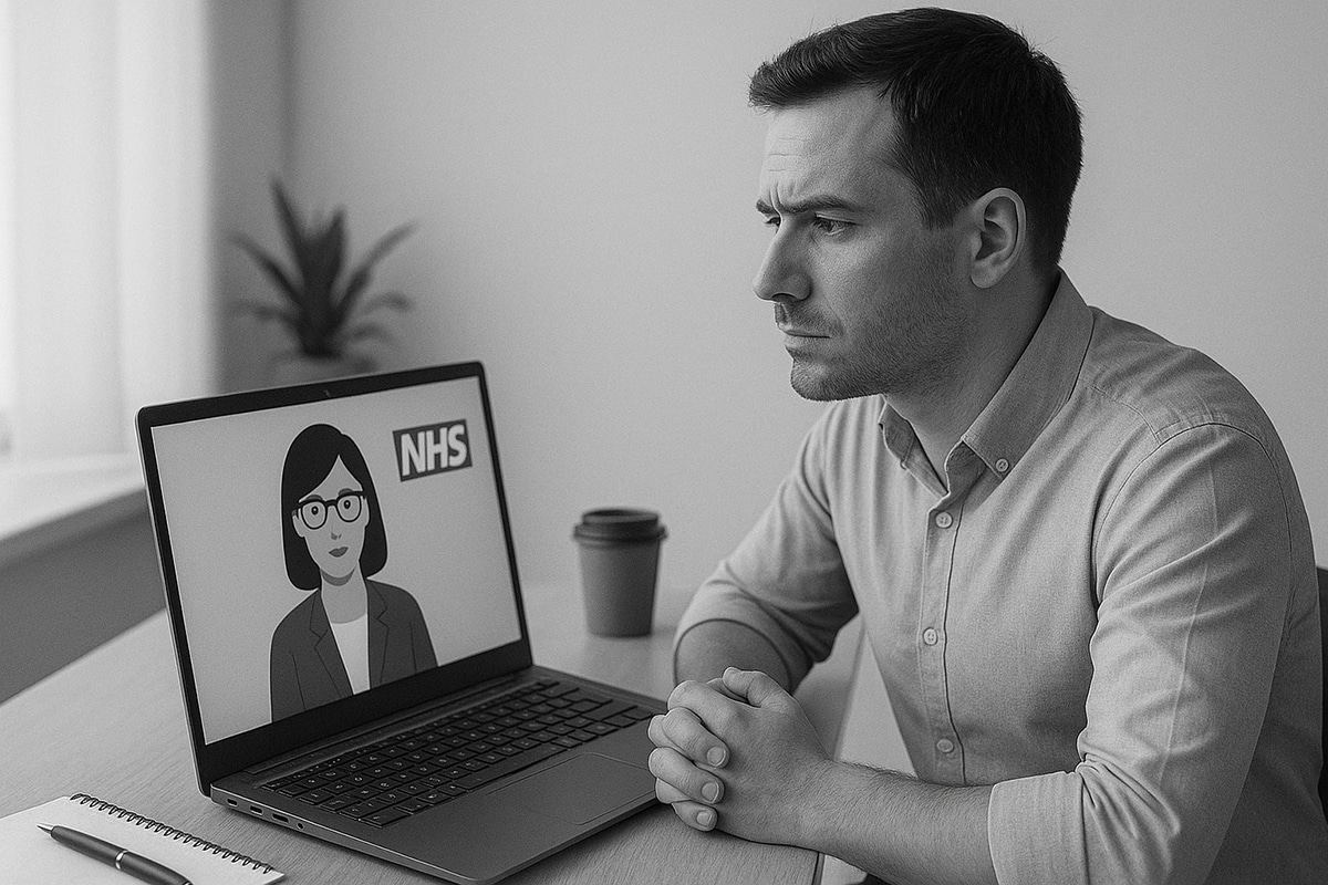 A serious doctor sits at a desk for a virtual consultant interview, looking at a laptop screen that shows an NHS-branded avatar.