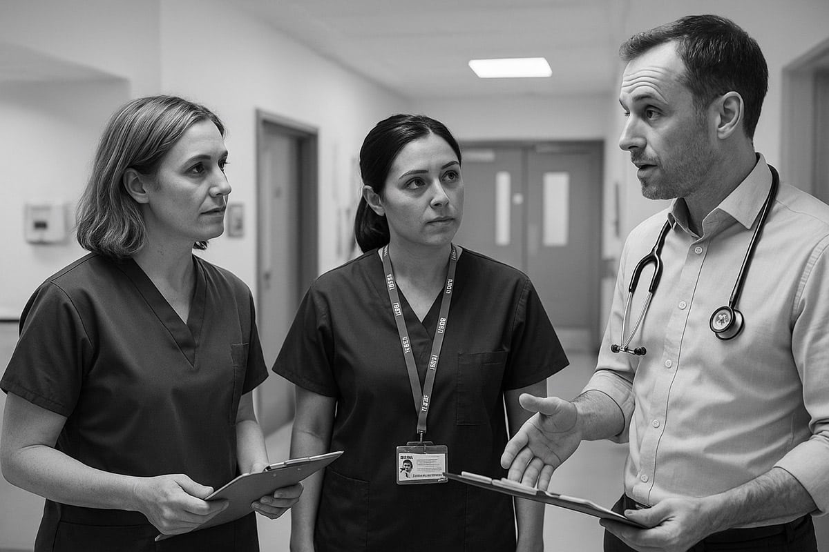 An NHS consultant in a hospital corridor discusses plans with two colleagues, relating to government expansion of independent sector care