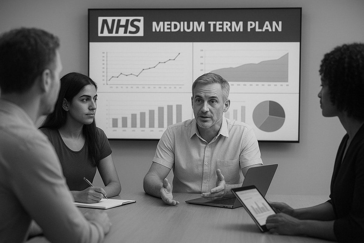 A manager leads a team meeting, discussing strategy in front of a screen displaying charts and graphs for the "NHS Medium Term Plan."