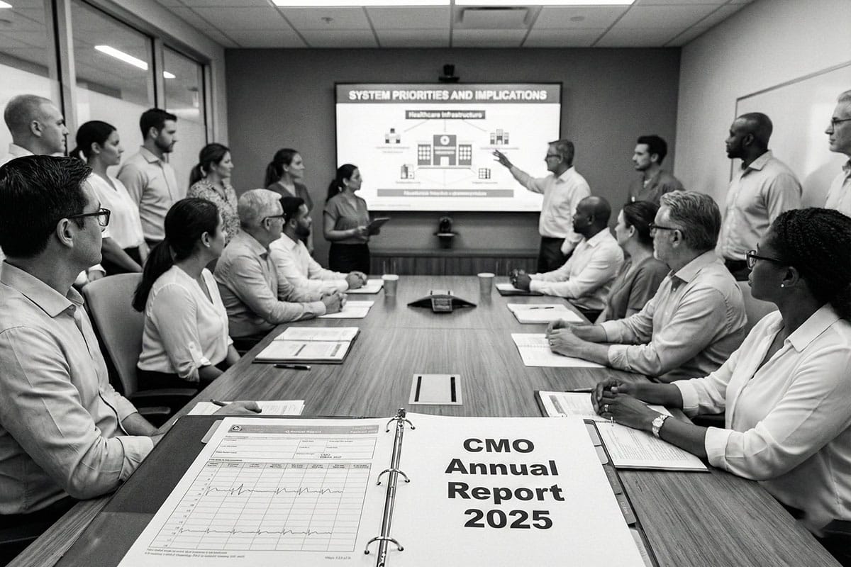 A team of healthcare professionals attends a presentation on system priorities, with a binder titled "CMO Annual Report 2025" prominently displayed in the foreground.