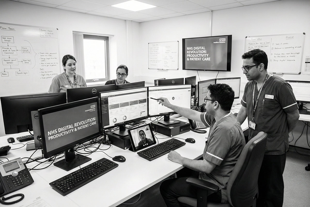 An NHS clinical team reviewing performance data on digital dashboards, discussing the NHS digital revolution and its impact on productivity and patient care.
