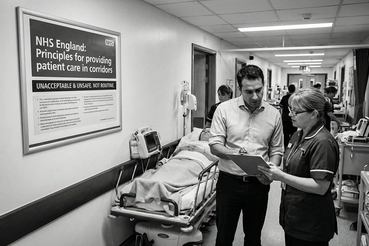 An NHS consultant and nurse discuss a patient's notes next to a patient on a trolley in a hospital corridor, standing beside a poster regarding NHS England's principles on unacceptable and unsafe corridor care. Title: NHS Principles on Patient Care in Corridors